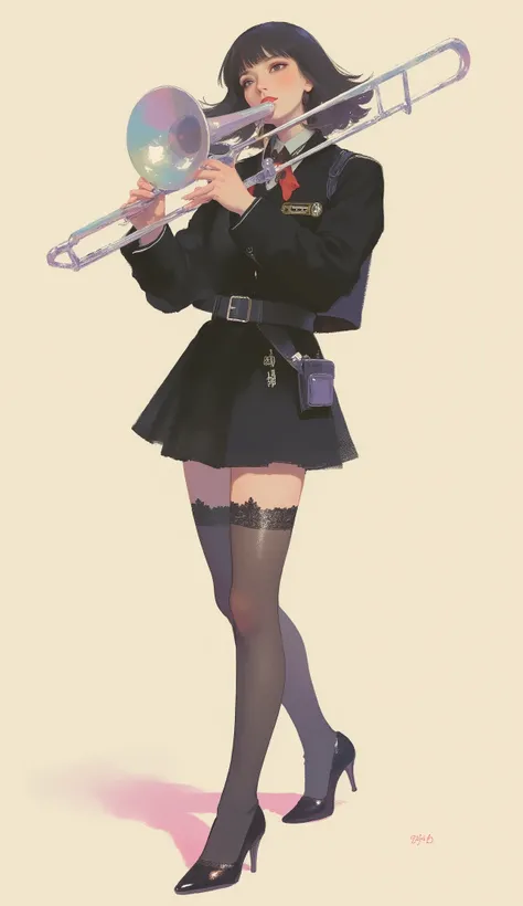 Woman Playing Silver Trombone ,black riders jacket、miniskirt、black patent leather pin heels、Black Lace Carter Belt、Black Lace Braided Tights、Help Chest、Twin Tails、dark hair、poster art ,screen print poster, Graphic Novel Cover Art, graphic details ,Advertis...