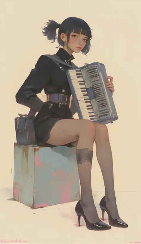 woman playing accordion ,black riders jacket、miniskirt、black patent leather pin heels、Black Lace Carter Belt、Black Lace Braided Tights、Help Chest、Twin Tails、dark hair、poster art ,screen print poster, Graphic Novel Cover Art, graphic details ,Advertisement ...