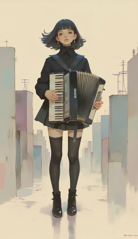 woman playing accordion ,black riders jacket、miniskirt、black patent leather pin heels、Black Lace Carter Belt、Black Lace Braided Tights、Help Chest、Twin Tails、dark hair、poster art ,screen print poster, Graphic Novel Cover Art, graphic details ,Advertisement ...