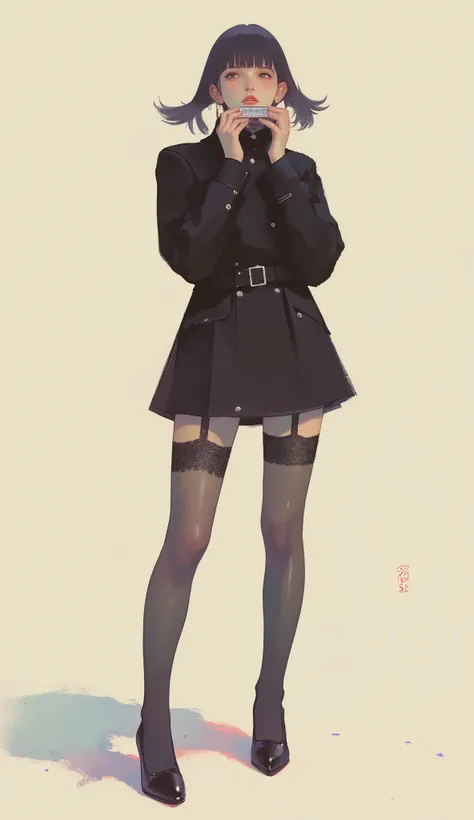 Woman playing a harmonica ,black riders jacket、miniskirt、black patent leather pin heels、Black Lace Carter Belt、Black Lace Braided Tights、Help Chest、Twin Tails、dark hair、poster art ,screen print poster, Graphic Novel Cover Art, graphic details ,Advertisemen...