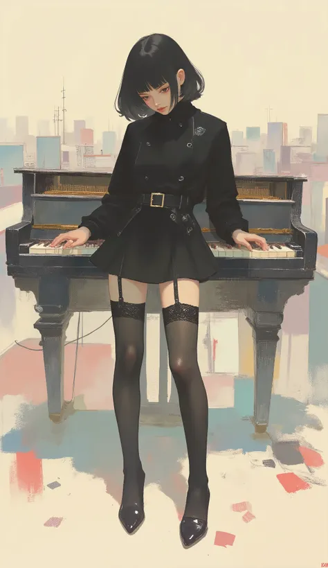 woman playing pianica ,black riders jacket、miniskirt、black patent leather pin heels、Black Lace Carter Belt、Black Lace Braided Tights、Help Chest、Twin Tails、dark hair、poster art ,screen print poster, Graphic Novel Cover Art, graphic details ,Advertisement Ar...