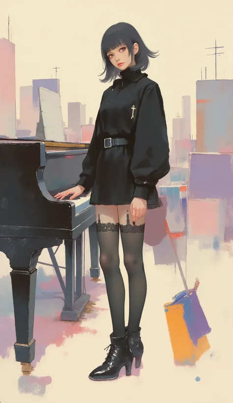 woman playing pianica ,black riders jacket、miniskirt、black patent leather pin heels、Black Lace Carter Belt、Black Lace Braided Tights、Help Chest、Twin Tails、dark hair、poster art ,screen print poster, Graphic Novel Cover Art, graphic details ,Advertisement Ar...