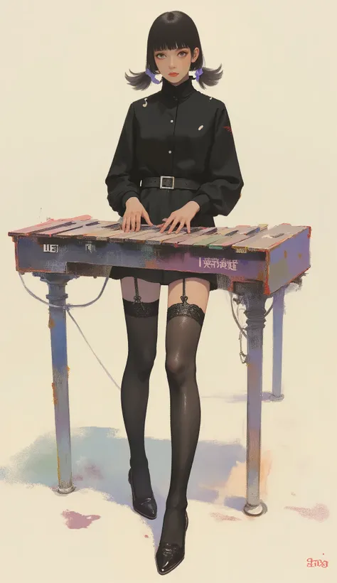 Woman playing xylophone ,black riders jacket、miniskirt、black patent leather pin heels、Black Lace Carter Belt、Black Lace Braided Tights、Help Chest、Twin Tails、dark hair、poster art ,screen print poster, Graphic Novel Cover Art, graphic details ,Advertisement ...