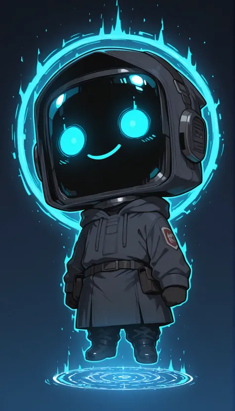 [The Horror Radio], (masterpiece, best quality:1.2), soft shading, sharp detail, solo, chibi style, 1boy, normal_face, glowing circle eyes, blue screen lights, glitch_face distortion, hooded,
sleeping or dreaming quietly, soft blue aura,
floating in space ...