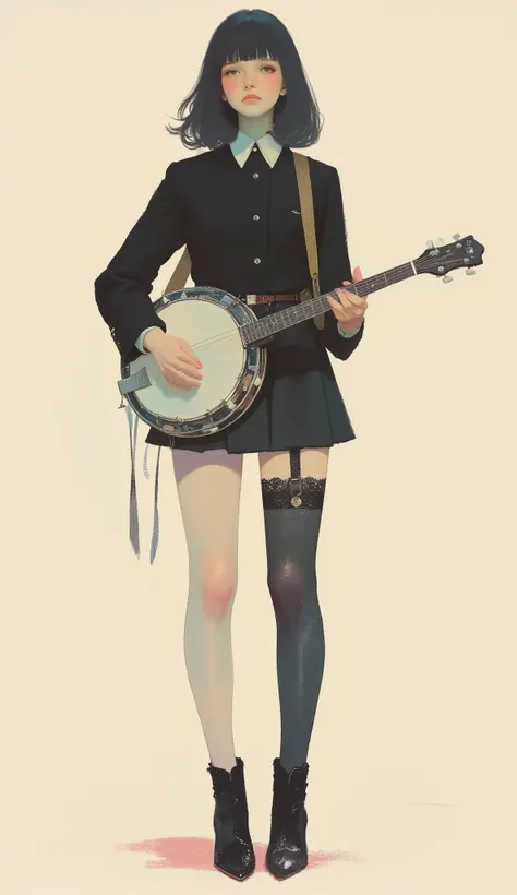A woman playing a banjo ,black riders jacket、miniskirt、black patent leather pin heels、Black Lace Carter Belt、Black Lace Braided Tights、Help Chest、Twin Tails、dark hair、poster art ,screen print poster, Graphic Novel Cover Art, graphic details ,Advertisement ...