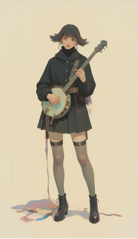 A woman playing a banjo ,black riders jacket、miniskirt、black patent leather pin heels、Black Lace Carter Belt、Black Lace Braided Tights、Help Chest、Twin Tails、dark hair、poster art ,screen print poster, Graphic Novel Cover Art, graphic details ,Advertisement ...