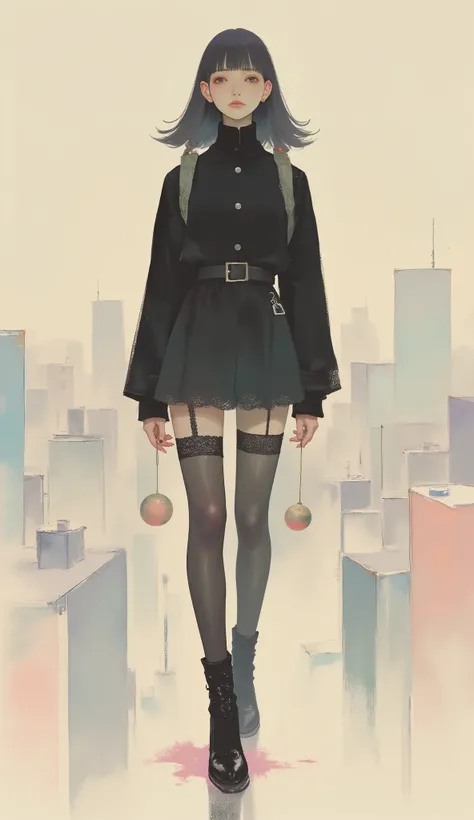 A woman playing with kendama ,black riders jacket、miniskirt、black patent leather pin heels、Black Lace Carter Belt、Black Lace Braided Tights、Help Chest、Twin Tails、dark hair、poster art ,screen print poster, Graphic Novel Cover Art, graphic details ,Advertise...