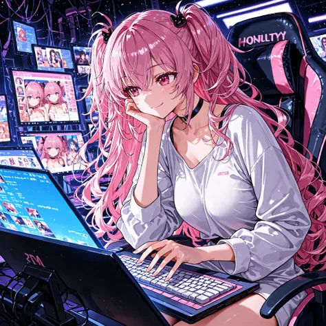 (perfect fine hands with only five fingers for hand),unholy-aesthetic , unholy-detailing , masterpiece , best quality , high quality , newest , highres , 8K , HDR , absurdres, Anime style, beautiful girl with long wavy pink hair lounging in professional ga...