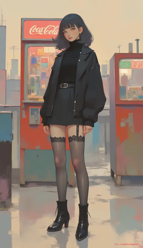 Woman standing in front of Coca-Cola pinball machine ,black riders jacket、miniskirt、black patent leather pin heels、Black Lace Carter Belt、Black Lace Braided Tights、Help Chest、Twin Tails、dark hair、poster art ,screen print poster, Graphic Novel Cover Art, gr...