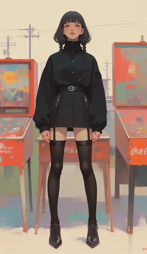 Woman standing in front of Coca-Cola pinball machine ,black riders jacket、miniskirt、black patent leather pin heels、Black Lace Carter Belt、Black Lace Braided Tights、Help Chest、Twin Tails、dark hair、poster art ,screen print poster, Graphic Novel Cover Art, gr...