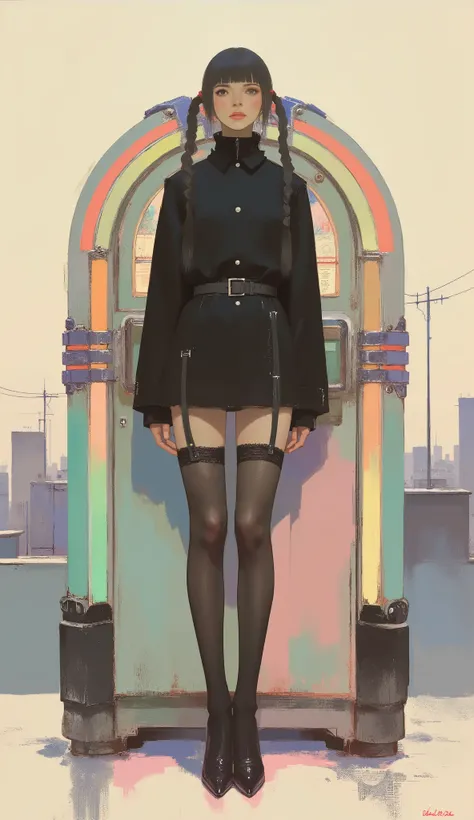 Woman standing in front of a retro jukebox ,black riders jacket、miniskirt、black patent leather pin heels、Black Lace Carter Belt、Black Lace Braided Tights、Help Chest、Twin Tails、dark hair、poster art ,screen print poster, Graphic Novel Cover Art, graphic deta...