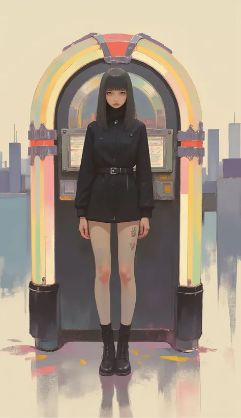 Woman standing in front of a retro jukebox ,black riders jacket、miniskirt、black patent leather pin heels、Black Lace Carter Belt、Black Lace Braided Tights、Help Chest、Twin Tails、dark hair、poster art ,screen print poster, Graphic Novel Cover Art, graphic deta...