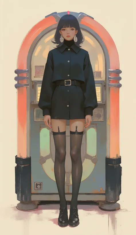 Woman standing in front of a retro jukebox ,black riders jacket、miniskirt、black patent leather pin heels、Black Lace Carter Belt、Black Lace Braided Tights、Help Chest、Twin Tails、dark hair、poster art ,screen print poster, Graphic Novel Cover Art, graphic deta...