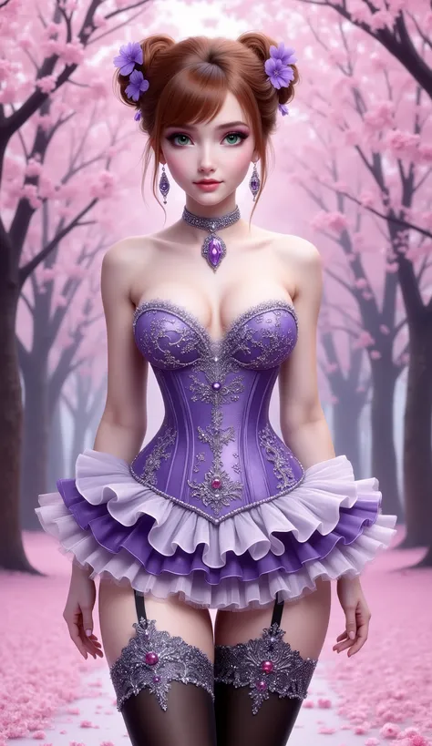 A young woman with fair skin and long, wavy auburn hair stands in a vibrant cherry blossom forest. Her hair is styled in two buns adorned with purple floral clips, and she wears an elaborate purple V-Cut strapless corset with intricate silver embellishment...