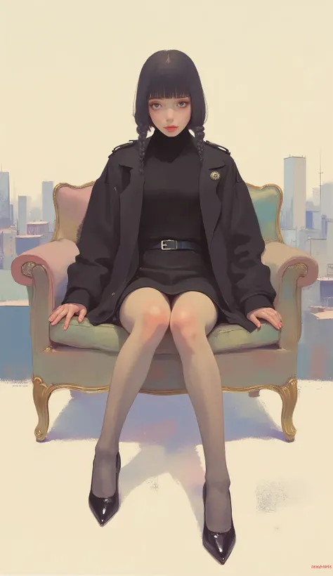 Woman sitting on stylish sofa ,black riders jacket、miniskirt、black patent leather pin heels、Black Lace Carter Belt、Black Lace Braided Tights、Help Chest、Twin Tails、dark hair、poster art ,screen print poster, Graphic Novel Cover Art, graphic details ,Advertis...