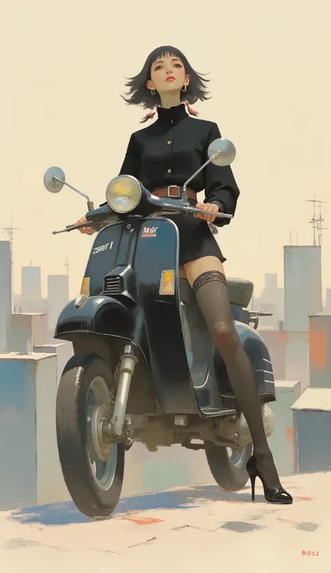Woman straddling a black vespa ,black riders jacket、miniskirt、black patent leather pin heels、Black Lace Carter Belt、Black Lace Braided Tights、Help Chest、Twin Tails、dark hair、poster art ,screen print poster, Graphic Novel Cover Art, graphic details ,Adverti...