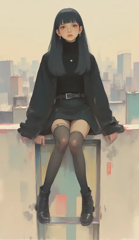 Woman sitting on a lift ,black riders jacket、miniskirt、black patent leather pin heels、Black Lace Carter Belt、Black Lace Braided Tights、Help Chest、Twin Tails、dark hair、poster art ,screen print poster, Graphic Novel Cover Art, graphic details ,Advertisement ...