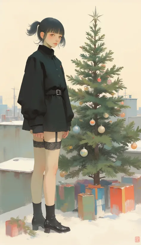 Woman standing beside a Christmas tree ,black riders jacket、miniskirt、black patent leather pin heels、Black Lace Carter Belt、Black Lace Braided Tights、Help Chest、Twin Tails、dark hair、poster art ,screen print poster, Graphic Novel Cover Art, graphic details ...