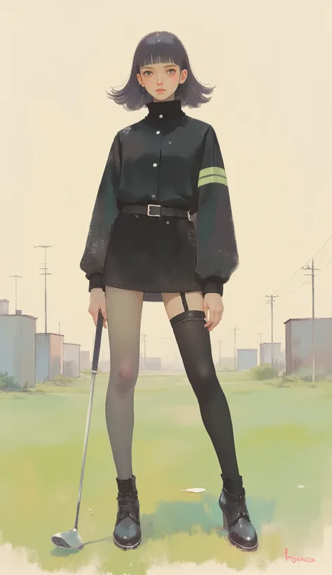 Woman playing golf ,black riders jacket、miniskirt、black patent leather pin heels、Black Lace Carter Belt、Black Lace Braided Tights、Help Chest、Twin Tails、dark hair、poster art ,screen print poster, Graphic Novel Cover Art, graphic details ,Advertisement Art,P...