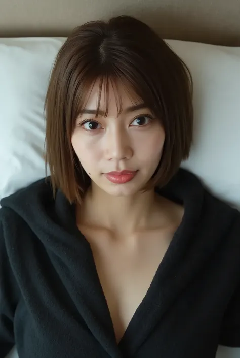 short bob hair, beautiful eyes , Beautiful Lips, , medium breasted,on the bed, lying on your back on the bed,shooting from directly above the subject,I'm wearing a black bathrobe