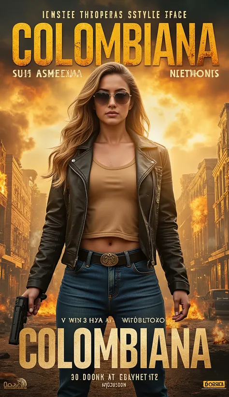 VintagePoster,Create a dynamic movie poster for Colombiana 2 featuring Zoe Saldana, showcasing intense action and drama. In the foreground, a determined Zoe Saldana holds a handgun, wearing sunglasses, a black leather jacket, worn tan t-shirt, and blue den...
