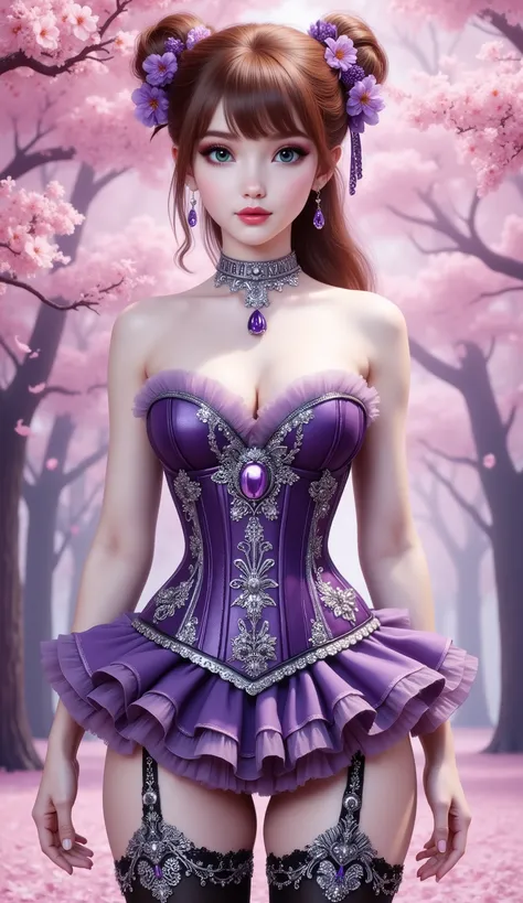 A young woman with fair skin and long, wavy auburn hair stands in a vibrant cherry blossom forest. Her hair is styled in two buns adorned with purple floral clips, and she wears an elaborate purple V-Cut strapless corset with intricate silver embellishment...