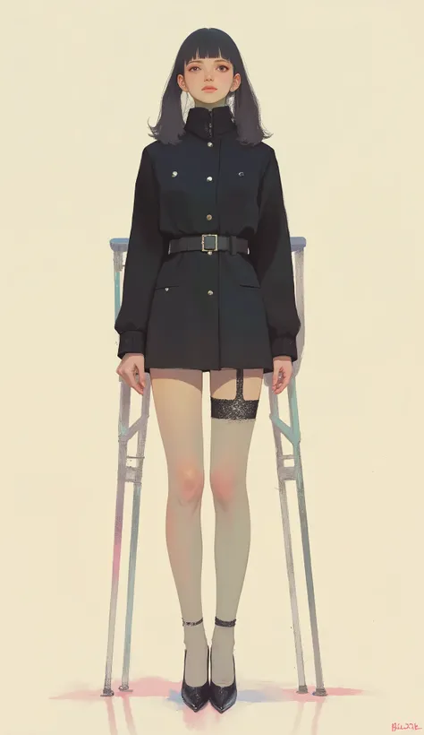 Woman who broke her leg using crutches ,black riders jacket、miniskirt、black patent leather pin heels、Black Lace Carter Belt、Black Lace Braided Tights、Help Chest、Twin Tails、dark hair、poster art ,screen print poster, Graphic Novel Cover Art, graphic details ...