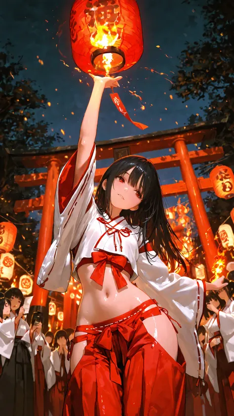 top quality, Picture, in fine detail, young shrine maiden, Authentic shrine maiden costume, long black hair, traditional white and red costume, stretching arms toward the camera, making direct eye contact, Night Fire Festival, Dancing Fire Illuminating You...