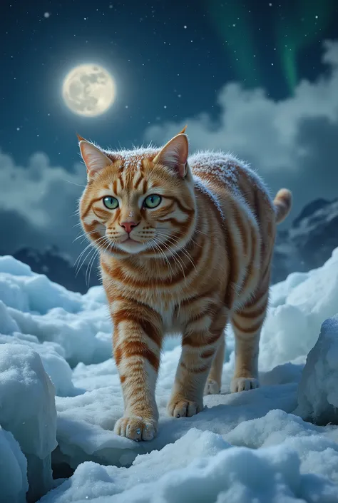 In the middle of the movement, the middle plan, a frosty blizzard night on a glacier, this magnificent red tabby cat is worth a look, the cat is walking on a huge crystal glacier, through snow and wind, his gait is soft and majestic, his fur - a soft, mobi...