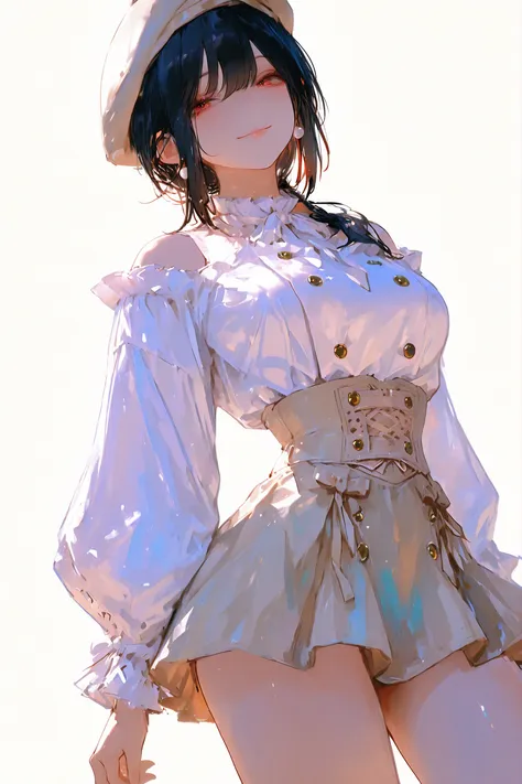 4k, 妖精, masterpiece, best quality, amazing quality, absurdres, ultra-detailed, very aesthetic, cinematic, vibrant colors, high detailed, simple white background, radiant lighting, skin quality enhance, detailed eyes, anime, 1girl, solo, long ponytail, blac...