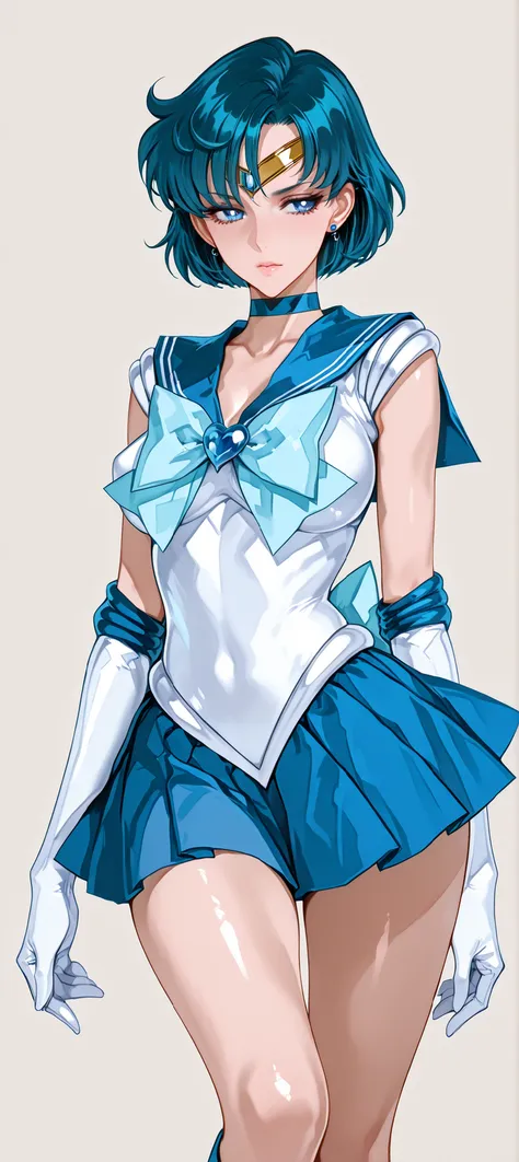 ((she is looking at the spectator)), ((Simple Background)), intricate details, High quality, aesthetic, ultra detailed, (masterpiece, detailed:1.2), ((Sensual knee-length image)), medium breasts, body fit, 1girl, Sailor Mercury, slrmc, BLUE HAIR, short hai...