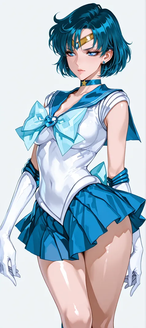 ((she is looking at the spectator)), ((Simple Background)), intricate details, High quality, aesthetic, ultra detailed, (masterpiece, detailed:1.2), ((dramatic knee-deep image)), medium breasts, body fit, 1girl, Sailor Mercury, slrmc, BLUE HAIR, short hair...