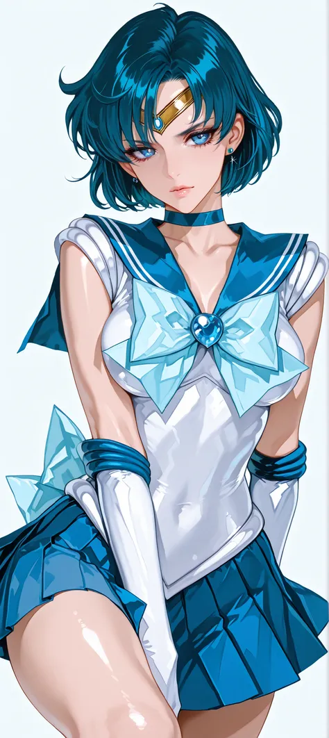 ((she is looking at the spectator)), ((Simple Background)), intricate details, High quality, aesthetic, ultra detailed, (masterpiece, detailed:1.2), ((dramatic knee-deep image)), medium breasts, body fit, 1girl, Sailor Mercury, slrmc, BLUE HAIR, short hair...