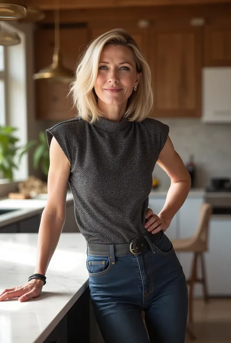 Powerful lifestyle photograph of a sophisticated 60-year-old woman with a champagne grey blunt bob haircut featuring deep side-swept bangs partially obscuring one eye, thin refined facial structure with captivating blue eyes showing wisdom and character, n...