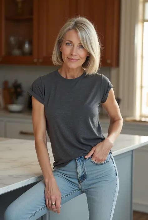 Commanding lifestyle portrait of a 60-year-old woman embracing youthful fashion with champagne grey blunt cut bob and deep side-swept bangs partially covering one eye, thin face with expressive blue eyes showing depth and character, natural aging with dist...