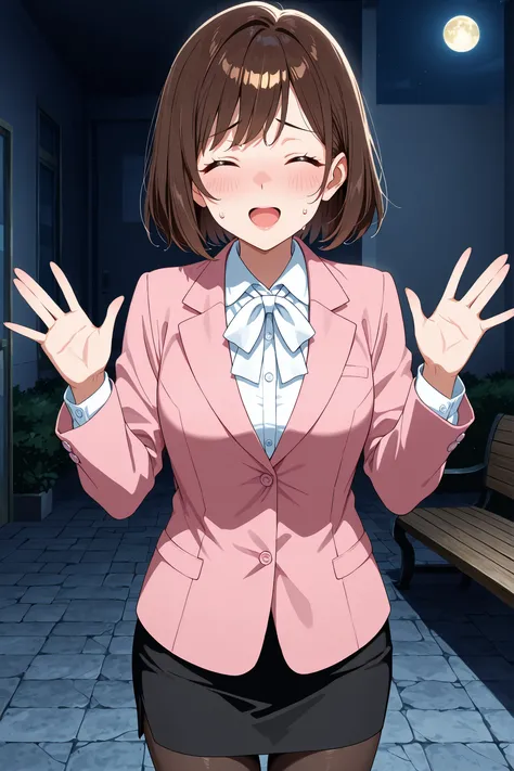 anime screen cap ,A young woman ,solo, short hair, brown hair,bangs hair,adult face,school teacher, pink suit, two button blazer, black skirt, white blouse,white neck ribbon ,pantyhose, medium breast, rouge lips, closed eyes ,open mouth,embarrassing face ,...