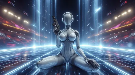 (photo-realistic, low angle view), mid-ground half-body shot of a sexy large-breast:1.2 elegant Optimus Gen 3 robot with Japanese woman head, facing camera, (side boob, braless, cleavage), hip up, slim face, slim:0.1 body, well-lit face, (((white simple tr...