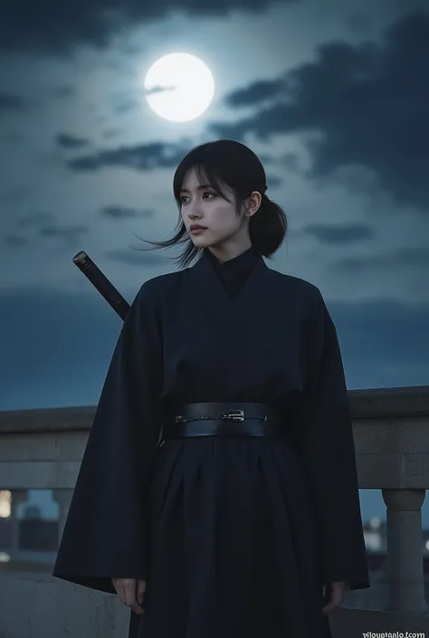 masterpiece:1.8、best quality、日本people女性、美people、１people、slender:1.6、Outstanding Style、Realistic、dark haired、Small Faces、High Resolution、Precise Focus、(Beautiful Face)、nsfw、Japanese ninja、Black Costume、Kunoichi、big boobs、Moonlit Night、Big Full Moon、Sneak in...