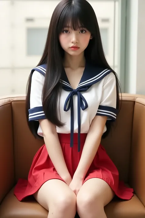 Japanese cute idol, Japanese cute girl, cute, In the school teacher's room 、 beautiful girl in school teacher's room sailor suit , 1 girl is the best , alone, school uniform , Sera Clothing, red skirt , black hair, long hair, w...