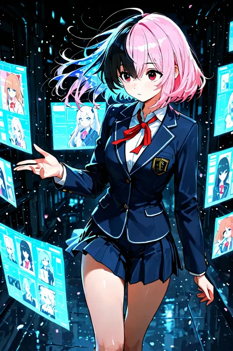 (perfect fine hands with only five fingers for hand), high quality, masterpiece, high quality, detailed, best quality, high quality, ultra-detailed, high resolution, 8k, high resolution, perfect lighting, girl, pink hair, nice glass-anime blue eyes, studen...