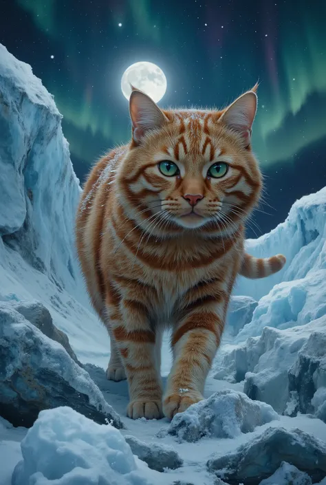 In the middle of the movement, the middle plan, a frosty blizzard night on a glacier, this magnificent red tabby cat is worth a look, the cat is walking on a huge crystal glacier, through snow and wind, his gait is soft and majestic, his fur - a soft, mobi...