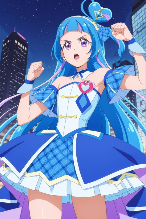cure wink, kimi to idol precure, blue hair, magical girl, mini crown, purple eyes, blue dress, tilted headwear, very long hair, blunt bangs, bare shoulders, hairband, two-tone hair, purple hair, jewelry, idol clothes, masterpiece, best quality, anime, sour...