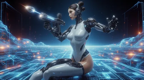 (photo-realistic, low angle view), mid-ground half-body shot of a sexy large-breast:1.2 elegant Optimus Gen 3 robot with Japanese woman head, facing camera, (side boob, braless, cleavage), hip up, slim face, slim:0.1 body, well-lit face, (((white simple tr...