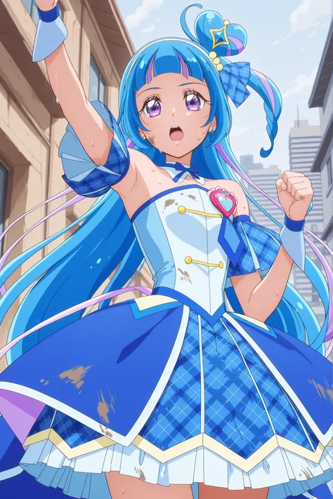 cure wink, kimi to idol precure, blue hair, magical girl, mini crown, purple eyes, blue dress, tilted headwear, very long hair, blunt bangs, bare shoulders, hairband, two-tone hair, purple hair, jewelry, idol clothes, masterpiece, best quality, anime, sour...
