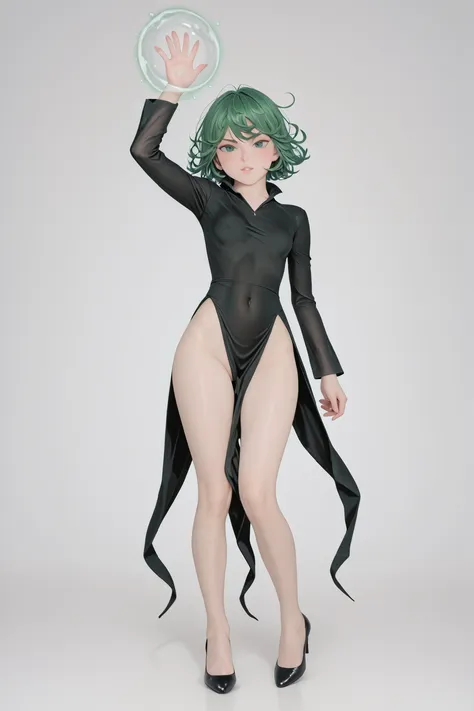 1girl, solo, green eyes, curly hair, green hair, bangs, blush, hair tossed, short hair, small breasts, thighs, long sleeves, dress, pelvic curtain, black dress, covered navel, (transparent, transparency degree 60%) detailed face、small breasts、revealing bod...