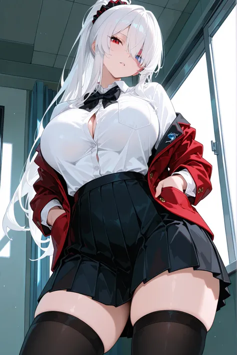 best quality, masterpiece, absurdres, 1girl, solo, heterochromia, red_eye, blue_eye, white_hair, long_sleeves, large_breasts, mature_female, long_hair, red_jacket, open_jacket, white_shirt, school_uniform, hair_over_one_eye, tsurime, dynamic from below ang...
