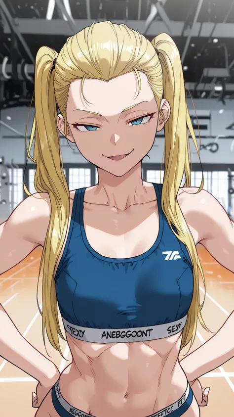 (masterpiece, very aesthetic, absurdres, expressive, perfect face, cartoon style, solo,) 
(Modern gym background:0.9),
(sexy fit girl with long yellow twintails, blue eyes and small breasts:1.0), (wears blue sports bra and panties), (sexy fit tomboy, long ...