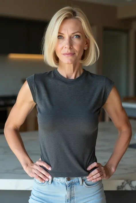 Front view portrait of a formidable 60-year-old woman with champagne blonde bob haircut and dramatic side-swept bangs, thin face with piercing ice-blue eyes drilling into the viewer, one hand firmly grabbing at waist level with authoritative grip – fingers...