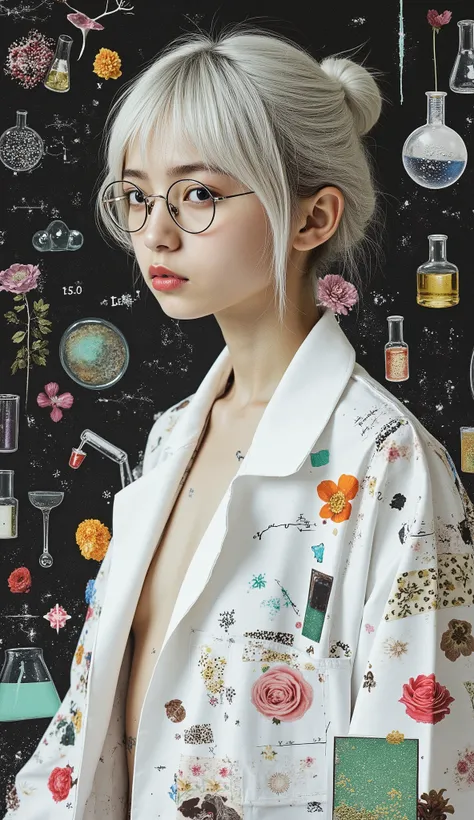 collage art, surrealism, reminiscent of the intelligent mad scientist, Combining a minimalist profile with blended identity, full body shot, side view, stylish angle. a scrawny petite delicate thin 14yo mad scientist girl, pale silver hair, hair bun, no ma...