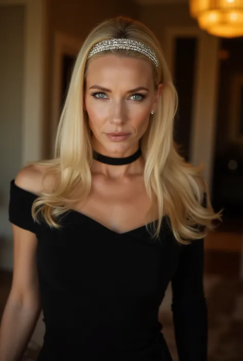 powerful mature blonde woman with sleek straight hair secured by elegant rhinestone headband, intense blue eyes projecting dominance and strictness directly at viewer, expression conveying absolute authority and self-possession, dressed in minimalist black...